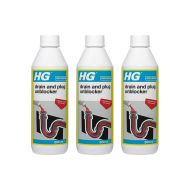 HG Drain and Plug Unblocker 500ml bottle on a bathroom shelf under the sink
