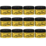 Masons Dog Oil Massaging Balm 100g tub on a wooden surface next to a dog