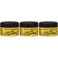 Masons Dog Oil Massaging Balm 100g tub on a wooden surface next to a dog