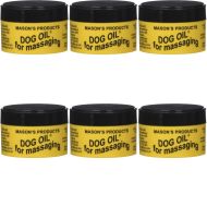 Masons Dog Oil Massaging Balm 100g tub on a wooden surface next to a dog
