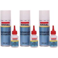 Soudal High Viscosity Superglue 50g and Activator Bonding Mitre Kit 200ml on a workbench
