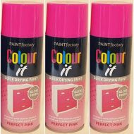 Paint Factory Colour It Quick Drying Spray Perfect Pink Gloss Finish 400ml - Pack of 3