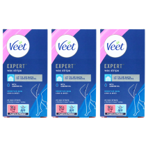 Veet Expert Wax Strips Almond Oil Sensitive Skin Legs & Body 20 Strips + 2 Wipes - Pack of 3