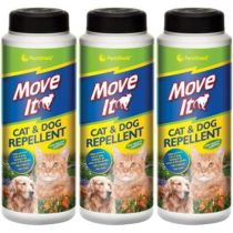 Pestshield Move It Cat and Dog Garden Repellent 240g tub on a garden path
