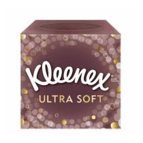 Kleenex Ultra Soft Facial Tissues box on a clean bedside table
