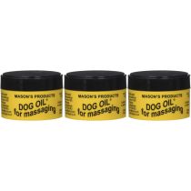Masons Dog Oil Massaging Balm 100g tub on a wooden surface next to a dog
