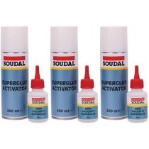 Soudal High Viscosity Superglue 50g and Activator Bonding Mitre Kit 200ml on a workbench
