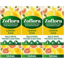 Zoflora Concentrated Antibacterial Disinfectant Lemon Zing 500ml - Pack of 3