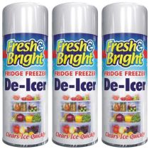 Fresh & Bright Fridge Freezer Anti-Bacterial De Icer Spray 200ml bottle on a kitchen counter
