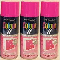 Paint Factory Colour It Quick Drying Spray Perfect Pink Gloss Finish 400ml - Pack of 3