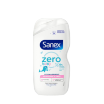Sanex Zero Fragrance-Free Baby Wash 450ml bottle on a clean bathroom shelf
