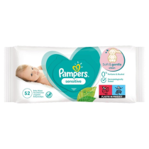 Pampers Sensitive Baby Wipes pack of 52 on a clean changing table
