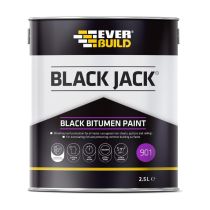 Everbuild Black Jack 901 black bitumen paint 2.5 litre tin on white background
