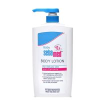 Sebamed Baby Lotion Camomile 750ml bottle on a clean nursery bathroom shelf
