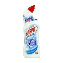Harpic White & Shine Original Toilet Cleaner Bleach 750ml bottle on a bathroom shelf
