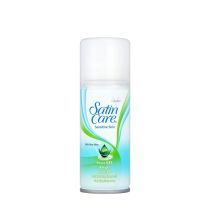 Gillette Satin Care Sensitive Skin Women's Shaving Gel 75ml can on a bathroom shelf
