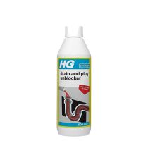 HG Drain and Plug Unblocker 500ml bottle on a bathroom shelf under the sink
