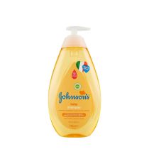 Johnson's Baby Shampoo 750ml bottle on a clean bathroom shelf beside baby bath products
