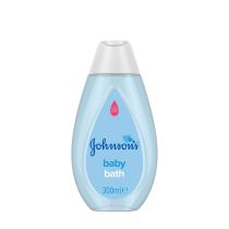 Johnson's Baby Bath 300ml bottle on a clean bathroom shelf beside a baby bath
