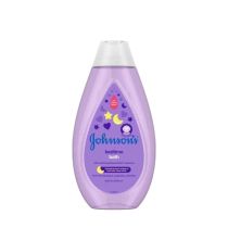 Johnson's Baby Bedtime Bath 300ml bottle on a bathroom shelf next to baby bath toys
