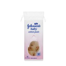 Johnson's Baby Cotton Pads Softening 50 pack on a clean bathroom shelf
