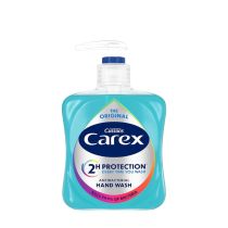 Cussons Carex Original Antibacterial Hand Wash 250ml bottle next to a bathroom sink
