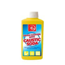 Essential Power Drain Cleaner With Caustic Soda 500g tub on a utility room shelf
