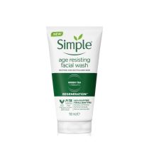 Simple Regeneration Age Resisting Facial Wash 150ml tube on a clean bathroom shelf

