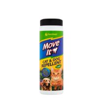 Pestshield Move It Cat and Dog Garden Repellent 240g tub on a garden path
