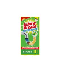 Elbow Grease Drain Unblocker Sachets 3 x 25g pack on a bathroom shelf
