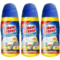 Elbow Grease Foaming Toilet Cleaner Powder Lemon Fresh 500g tub on a bathroom shelf
