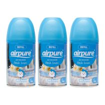 Airpure Automatic Air Freshener Refill Fresh Linen 250ml can on a living room shelf
