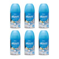 Airpure Automatic Air Freshener Refill Fresh Linen 250ml can on a living room shelf
