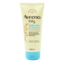 Aveeno Baby Daily Care Hair and Body Wash 100ml bottle on a clean bathroom shelf
