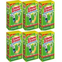 Elbow Grease Drain Unblocker Sachets 3 x 25g pack on a bathroom shelf
