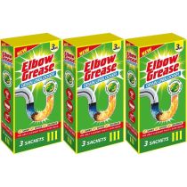 Elbow Grease Drain Unblocker Sachets 3 x 25g pack on a bathroom shelf
