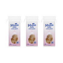 Johnson's Baby Cotton Pads Softening 50 pack on a clean bathroom shelf
