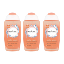 Femfresh Intimate Skincare Daily Wash 250ml bottle on a clean bathroom shelf

