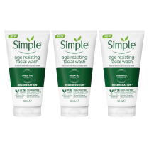 Simple Regeneration Age Resisting Facial Wash 150ml tube on a clean bathroom shelf
