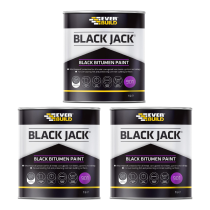 Everbuild Black Jack 901 black bitumen paint 1 litre tin on white background

