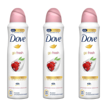 Dove Go Fresh Pomegranate Antiperspirant Deodorant Spray 250ml can on bathroom shelf
