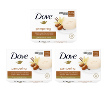 Dove Pampering Shea Butter and Vanilla Soap Bars pack of 4 × 90g on white background
