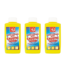 Essential Power Drain Cleaner With Caustic Soda 500g tub on a utility room shelf
