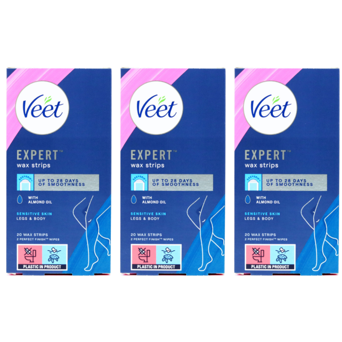 Veet Expert Wax Strips Almond Oil Sensitive Skin Legs & Body 20 Strips + 2 Wipes - Pack of 3