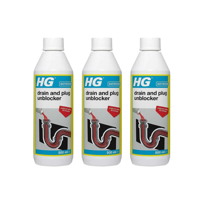 HG Drain and Plug Unblocker 500ml bottle on a bathroom shelf under the sink
