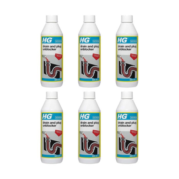 HG Drain and Plug Unblocker 500ml bottle on a bathroom shelf under the sink
