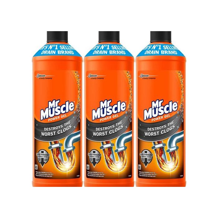 Mr Muscle Drain Unblocker Power Gel 1 Litre bottle on a kitchen counter
