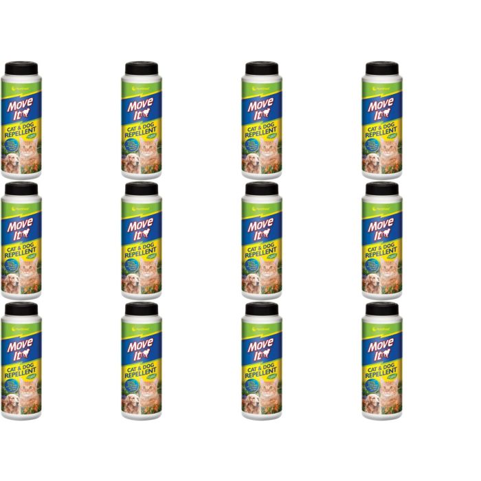 Pestshield Move It Cat and Dog Garden Repellent 240g tub on a garden path
