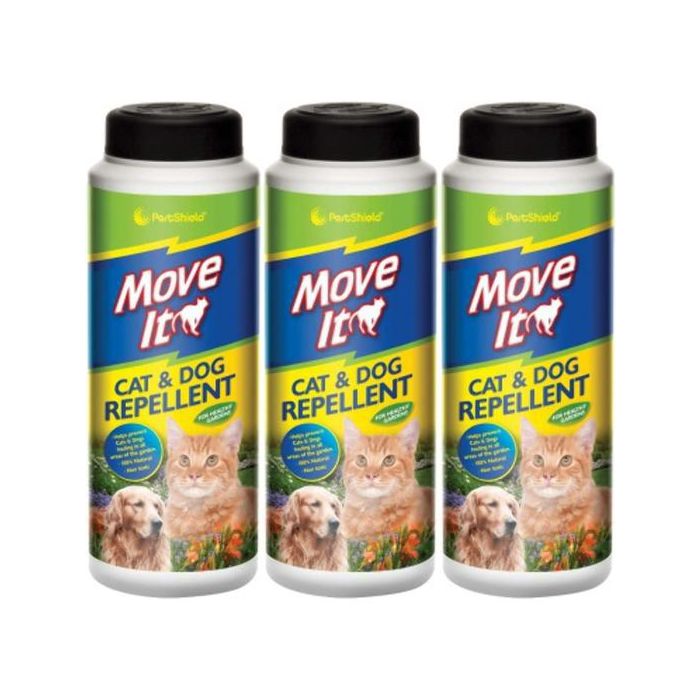 Pestshield Move It Cat and Dog Garden Repellent 240g tub on a garden path
