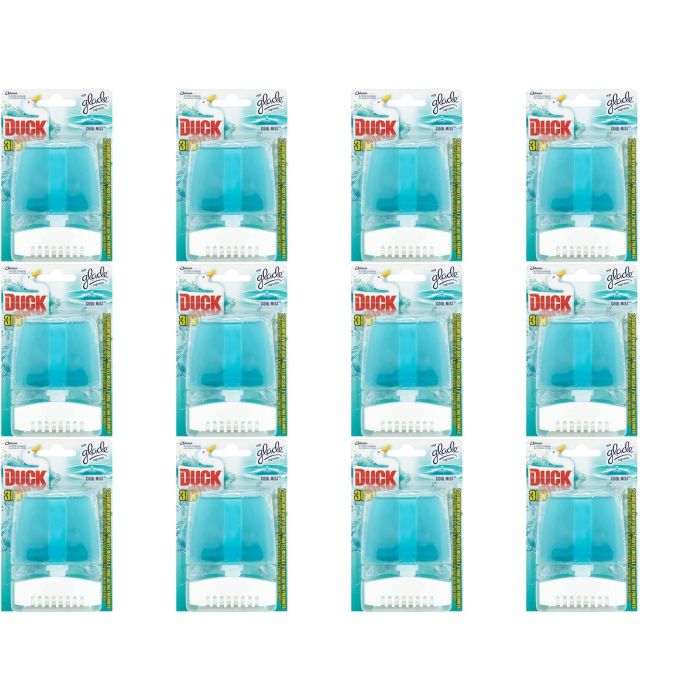Toilet Duck 3 In 1 Cool Mist Rim Block Holder 55ml clipped onto a toilet rim
